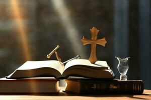 Close up of a holy bible and christian cross on wooden table. Happy good friday or religion concept by AI Generated photo