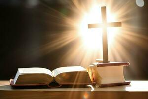 Close up of a holy bible and christian cross on wooden table. Happy good friday or religion concept by AI Generated photo