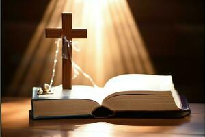 Close up of a holy bible and christian cross on wooden table. Happy good friday or religion concept by AI Generated photo