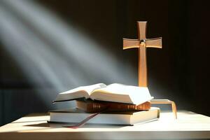 Close up of a holy bible and christian cross on wooden table. Happy good friday or religion concept by AI Generated photo