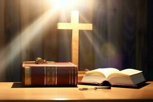 Close up of a holy bible and christian cross on wooden table. Happy good friday or religion concept by AI Generated photo