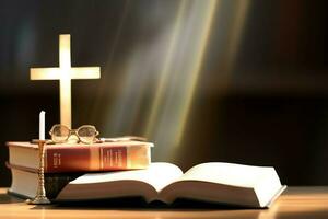 Close up of a holy bible and christian cross on wooden table. Happy good friday or religion concept by AI Generated photo