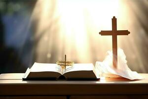 cerca arriba de un santo Biblia y cristiano cruzar en de madera mesa. contento bueno viernes o religión concepto por ai generado foto