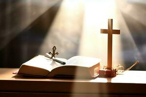 cerca arriba de un santo Biblia y cristiano cruzar en de madera mesa. contento bueno viernes o religión concepto por ai generado foto