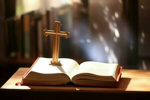 Close up of a holy bible and christian cross on wooden table. Happy good friday or religion concept by AI Generated photo