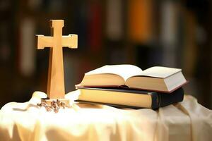 Close up of a holy bible and christian cross on wooden table. Happy good friday or religion concept by AI Generated photo