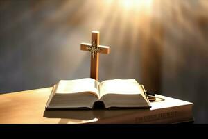 Close up of a holy bible and christian cross on wooden table. Happy good friday or religion concept by AI Generated photo