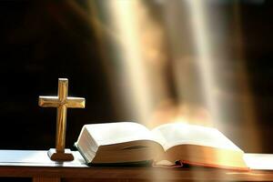 Close up of a holy bible and christian cross on wooden table. Happy good friday or religion concept by AI Generated photo