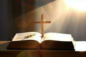 Close up of a holy bible and christian cross on wooden table. Happy good friday or religion concept by AI Generated photo