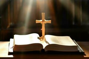 Close up of a holy bible and christian cross on wooden table. Happy good friday or religion concept by AI Generated photo