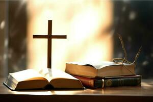 Close up of a holy bible and christian cross on wooden table. Happy good friday or religion concept by AI Generated photo