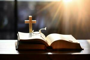 Close up of a holy bible and christian cross on wooden table. Happy good friday or religion concept by AI Generated photo