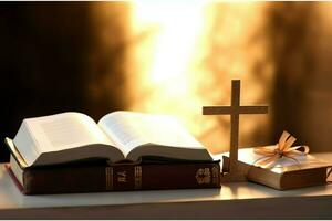 Close up of a holy bible and christian cross on wooden table. Happy good friday or religion concept by AI Generated photo