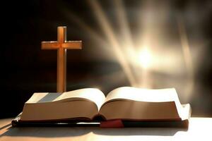 Close up of a holy bible and christian cross on wooden table. Happy good friday or religion concept by AI Generated photo