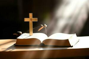 Close up of a holy bible and christian cross on wooden table. Happy good friday or religion concept by AI Generated photo