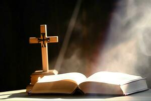 cerca arriba de un santo Biblia y cristiano cruzar en de madera mesa. contento bueno viernes o religión concepto por ai generado foto