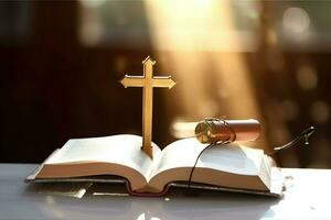 Close up of a holy bible and christian cross on wooden table. Happy good friday or religion concept by AI Generated photo