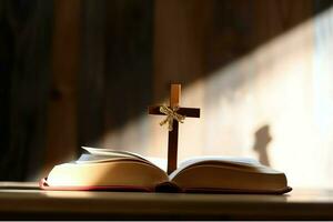 cerca arriba de un santo Biblia y cristiano cruzar en de madera mesa. contento bueno viernes o religión concepto por ai generado foto