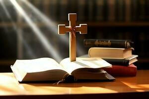 Close up of a holy bible and christian cross on wooden table. Happy good friday or religion concept by AI Generated photo