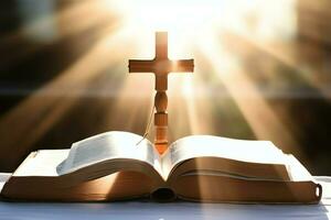 Close up of a holy bible and christian cross on wooden table. Happy good friday or religion concept by AI Generated photo