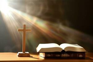 Close up of a holy bible and christian cross on wooden table. Happy good friday or religion concept by AI Generated photo