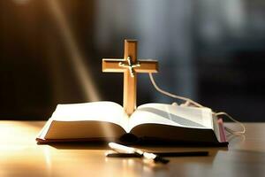 Close up of a holy bible and christian cross on wooden table. Happy good friday or religion concept by AI Generated photo