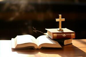 Close up of a holy bible and christian cross on wooden table. Happy good friday or religion concept by AI Generated photo