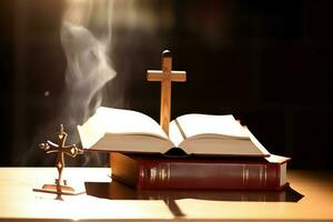 Close up of a holy bible and christian cross on wooden table. Happy good friday or religion concept by AI Generated photo