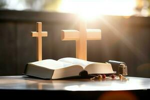 cerca arriba de un santo Biblia y cristiano cruzar en de madera mesa. contento bueno viernes o religión concepto por ai generado foto