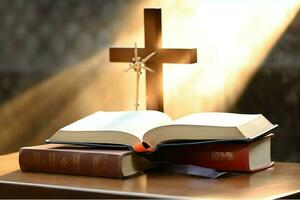 Close up of a holy bible and christian cross on wooden table. Happy good friday or religion concept by AI Generated photo