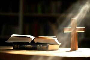 Close up of a holy bible and christian cross on wooden table. Happy good friday or religion concept by AI Generated photo