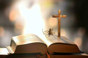 Close up of a holy bible and christian cross on wooden table. Happy good friday or religion concept by AI Generated photo