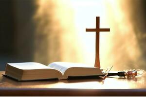 Close up of a holy bible and christian cross on wooden table. Happy good friday or religion concept by AI Generated photo