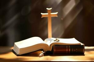 Close up of a holy bible and christian cross on wooden table. Happy good friday or religion concept by AI Generated photo