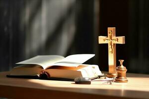 cerca arriba de un santo Biblia y cristiano cruzar en de madera mesa. contento bueno viernes o religión concepto por ai generado foto