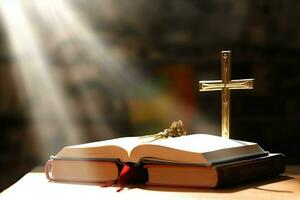 Close up of a holy bible and christian cross on wooden table. Happy good friday or religion concept by AI Generated photo