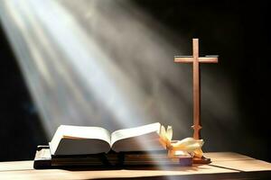 Close up of a holy bible and christian cross on wooden table. Happy good friday or religion concept by AI Generated photo