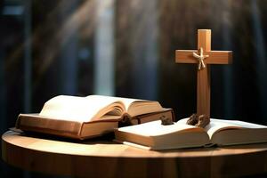 cerca arriba de un santo Biblia y cristiano cruzar en de madera mesa. contento bueno viernes o religión concepto por ai generado foto