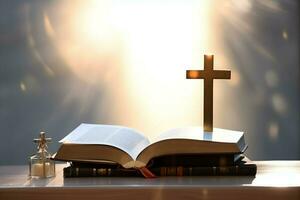 Close up of a holy bible and christian cross on wooden table. Happy good friday or religion concept by AI Generated photo