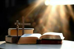 Close up of a holy bible and christian cross on wooden table. Happy good friday or religion concept by AI Generated photo