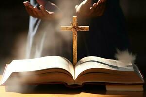 Close up of a holy bible and christian cross on wooden table. Happy good friday or religion concept by AI Generated photo