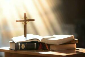 cerca arriba de un santo Biblia y cristiano cruzar en de madera mesa. contento bueno viernes o religión concepto por ai generado foto