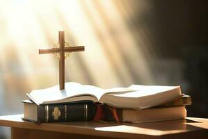 Close up of a holy bible and christian cross on wooden table. Happy good friday or religion concept by AI Generated photo