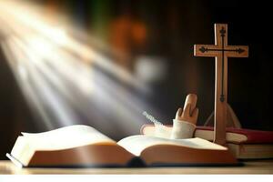 Close up of a holy bible and christian cross on wooden table. Happy good friday or religion concept by AI Generated photo