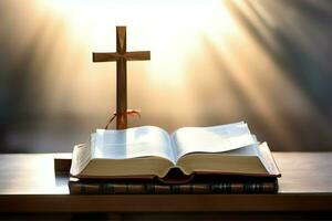 Close up of a holy bible and christian cross on wooden table. Happy good friday or religion concept by AI Generated photo