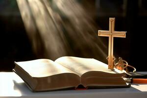 cerca arriba de un santo Biblia y cristiano cruzar en de madera mesa. contento bueno viernes o religión concepto por ai generado foto