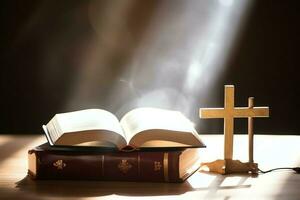 Close up of a holy bible and christian cross on wooden table. Happy good friday or religion concept by AI Generated photo