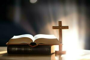 Close up of a holy bible and christian cross on wooden table. Happy good friday or religion concept by AI Generated photo