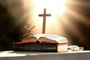 Close up of a holy bible and christian cross on wooden table. Happy good friday or religion concept by AI Generated photo