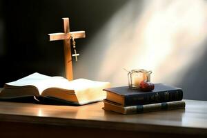 Close up of a holy bible and christian cross on wooden table. Happy good friday or religion concept by AI Generated photo